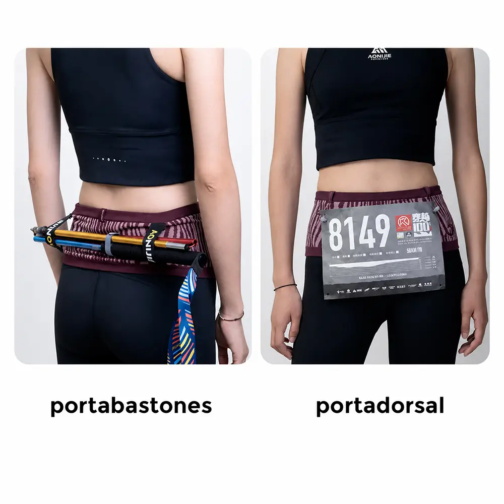 Cinturon_Running_Trail_Running_AONIJIE_red_wine_01 Cinturón running porta bastones AONIJIE Stripe Wine Red con cintas exteriores de sujeción.