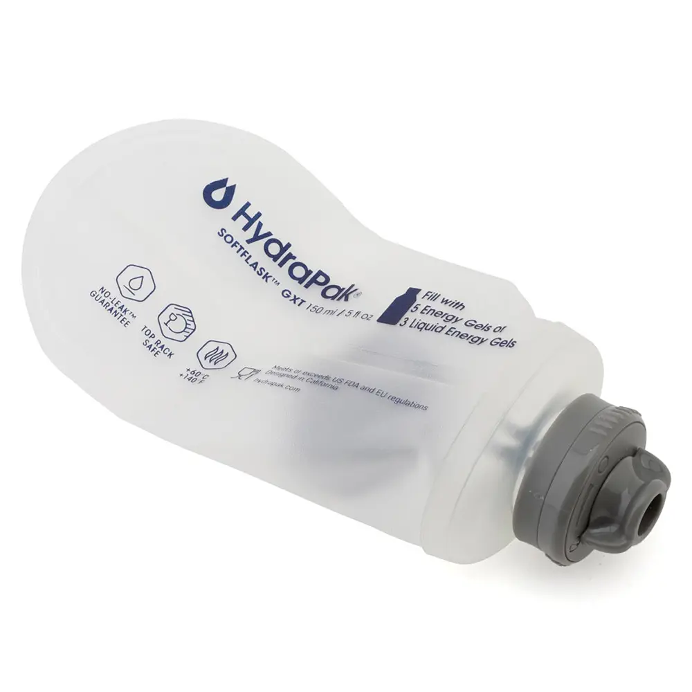 Botella GU Hydrapak SoftFlask de 150 ml con tapa gris y logo GU